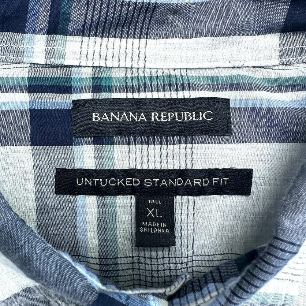 Banana Republic Untucked Shirt Mens XL Tall Blue Green Plaid Standard Fit Casual